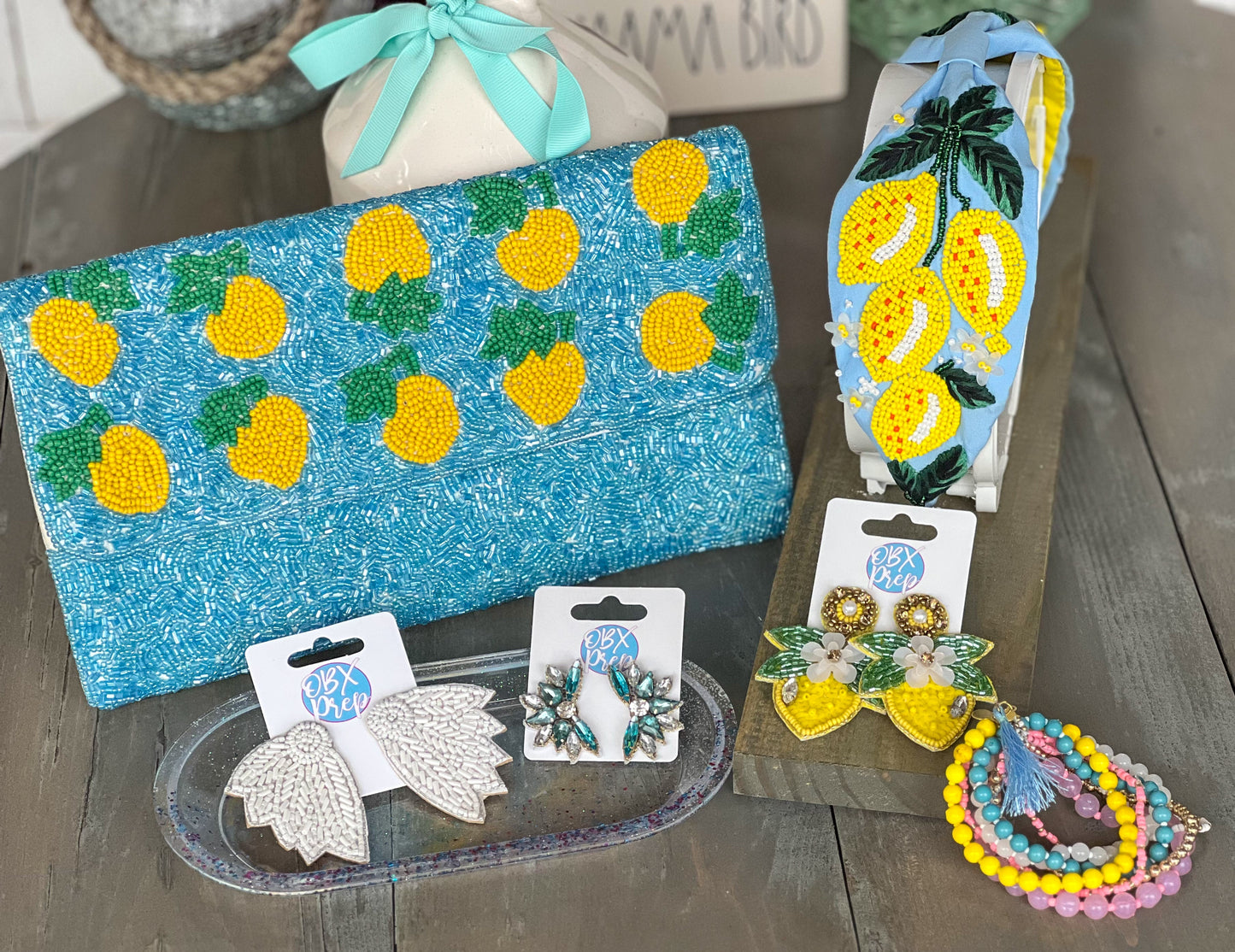 Lemon Turquoise Seed Beaded Clutch Bag S