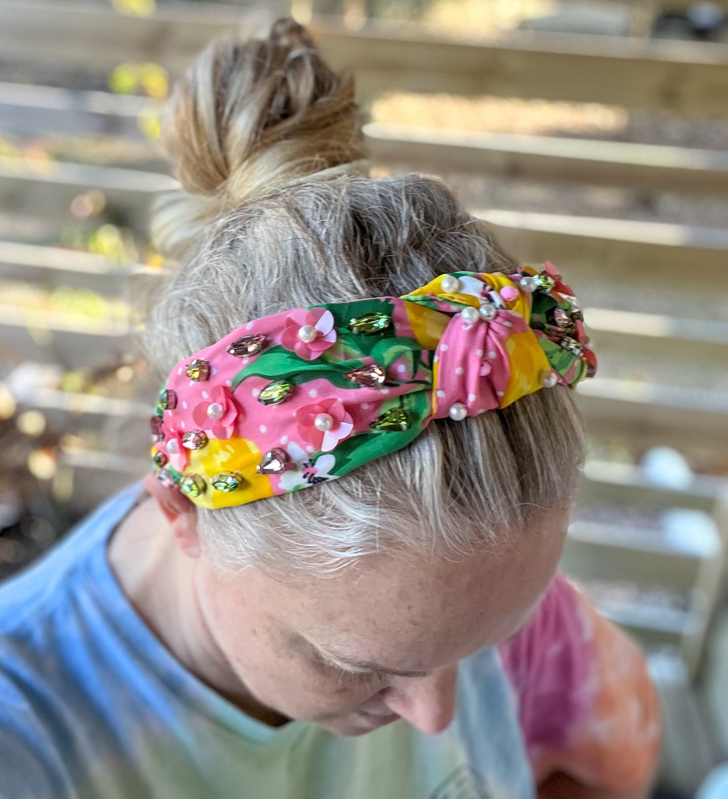 Julie Lemons and Floral Pink Pearl and Seed Beaded Top Knot Headband S