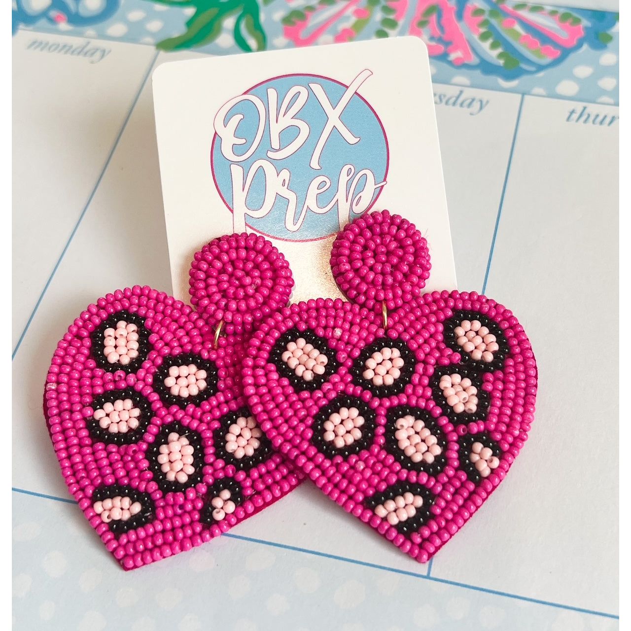 Heart Leopard Seed Beaded Drop Earrings - OBX Prep