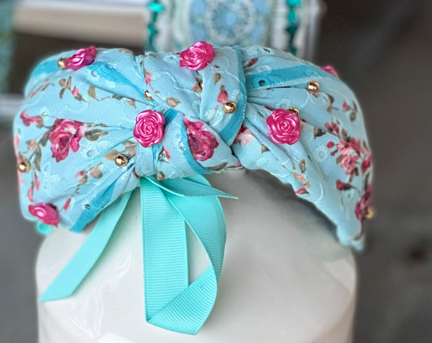 Summer Garden Flossie Rose Shabby Chic Beaded Top Knot Headband.