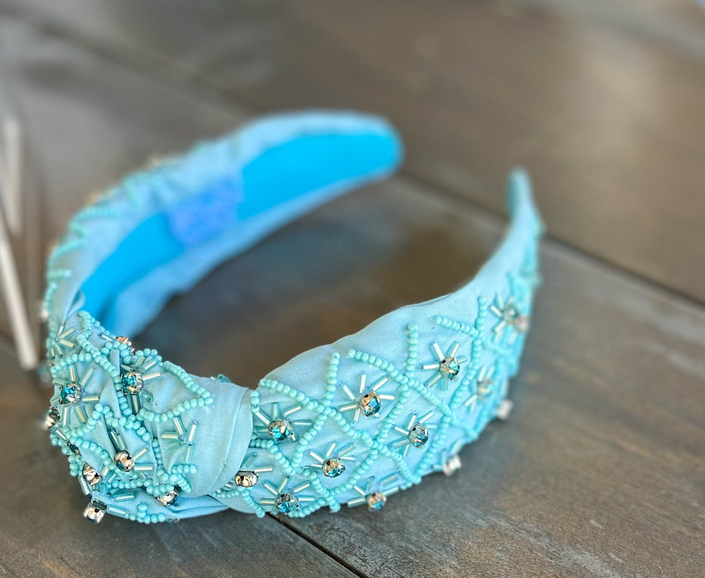 Ocean Blue Beaded Headband with Rhinestone Details S