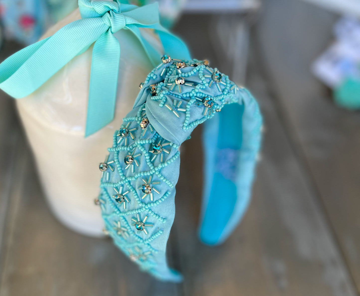 Ocean Blue Beaded Headband with Rhinestone Details S