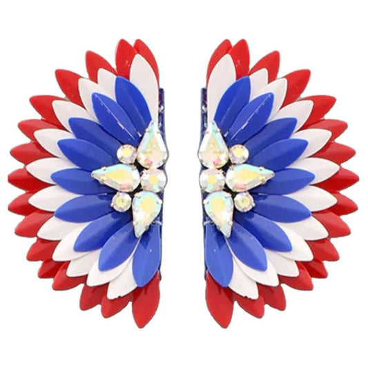 Patriotic Metal Tone Wings Stud Earrings with Rhinestones - OBX Prep