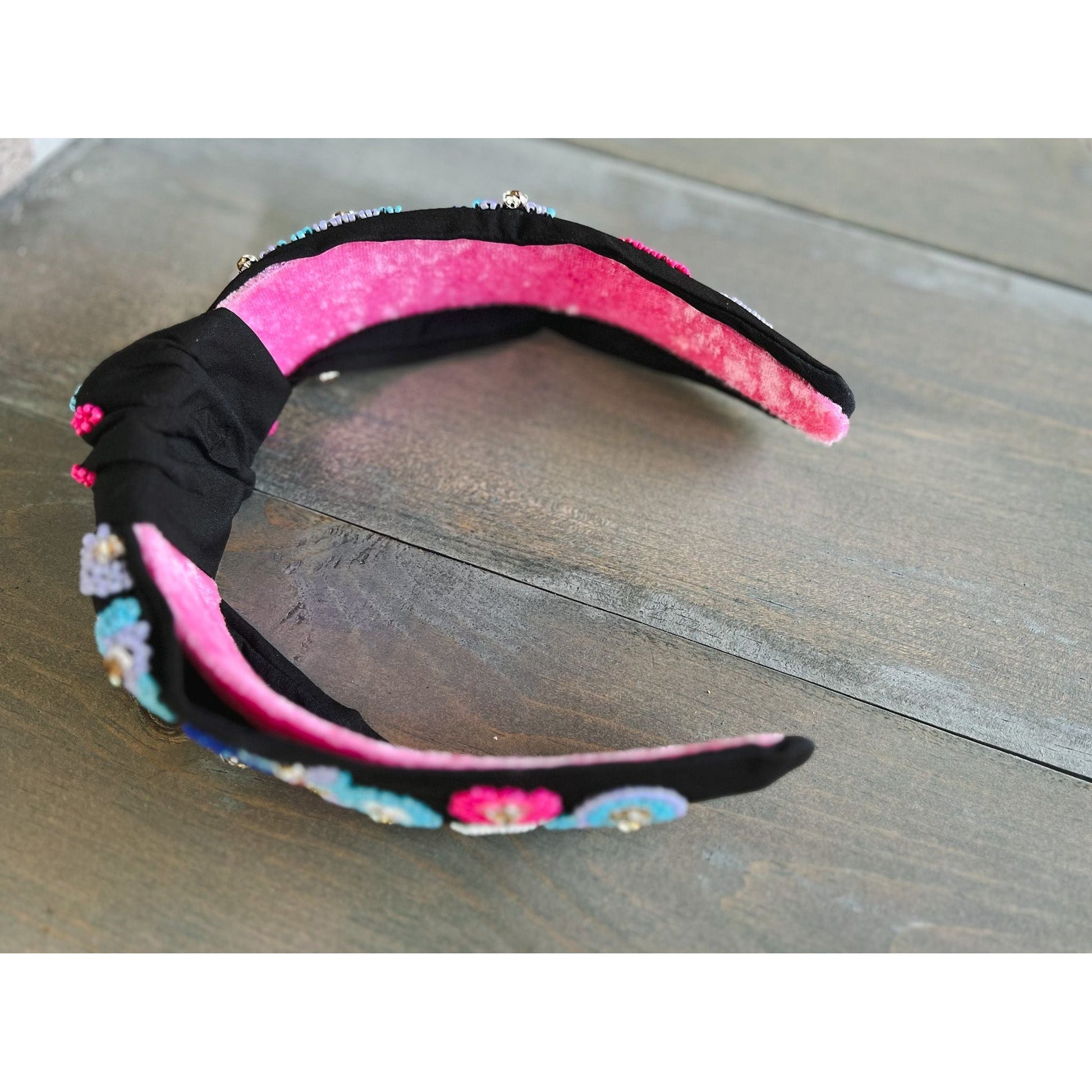 Pink and Blue Embroidered Seed Beaded Top Knot Headband with Rhinestones - OBX Prep