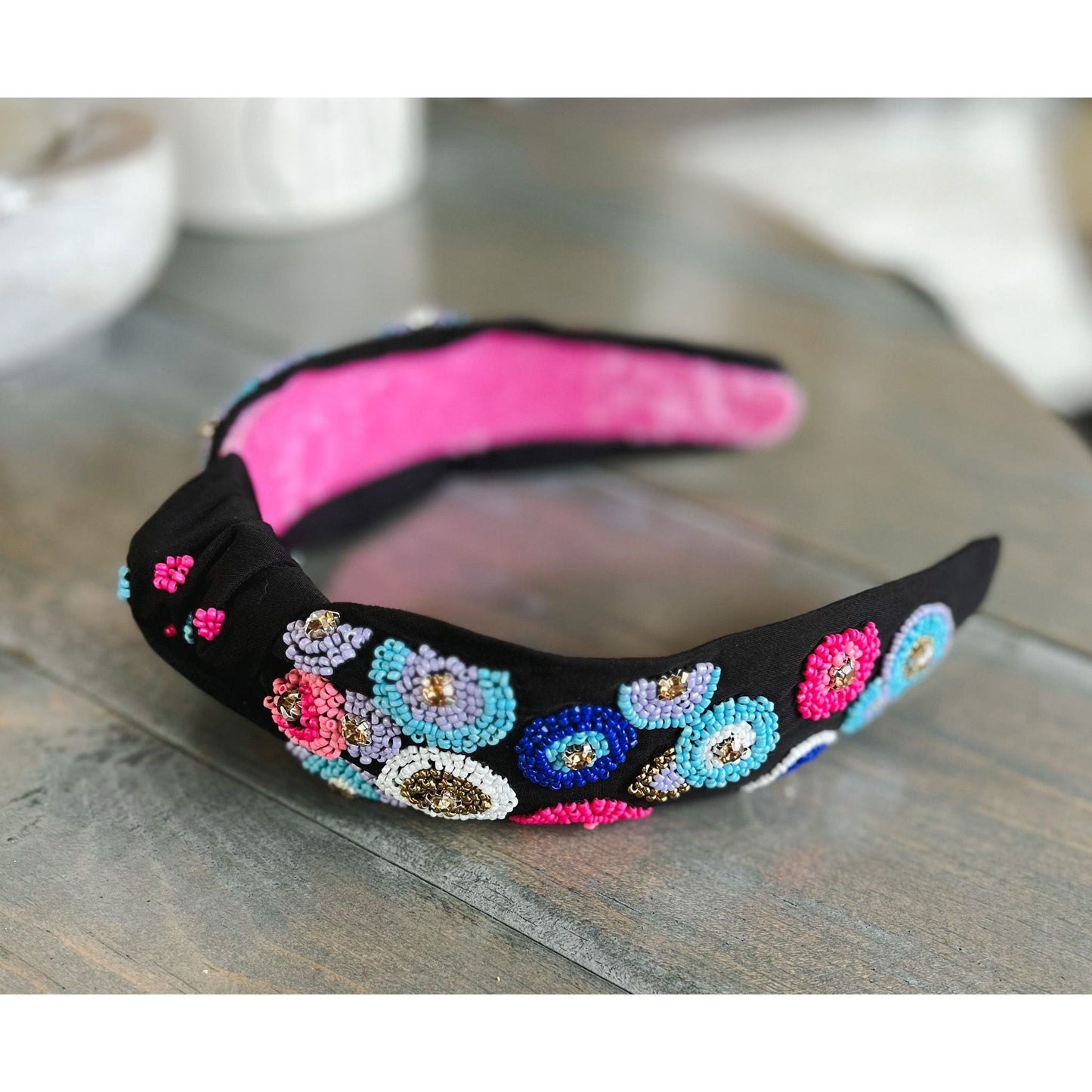 Pink and Blue Embroidered Seed Beaded Top Knot Headband with Rhinestones - OBX Prep