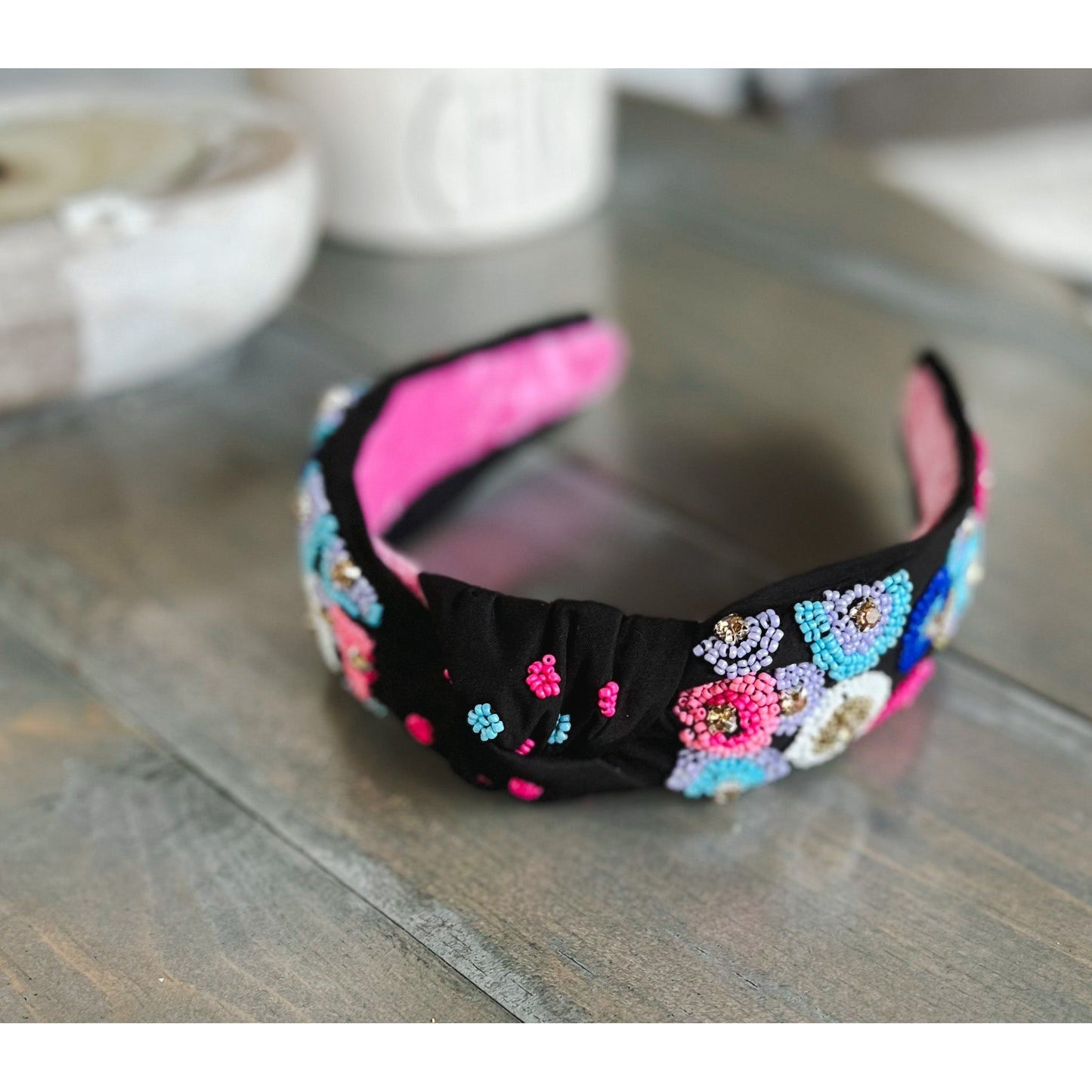 Pink and Blue Embroidered Seed Beaded Top Knot Headband with Rhinestones - OBX Prep