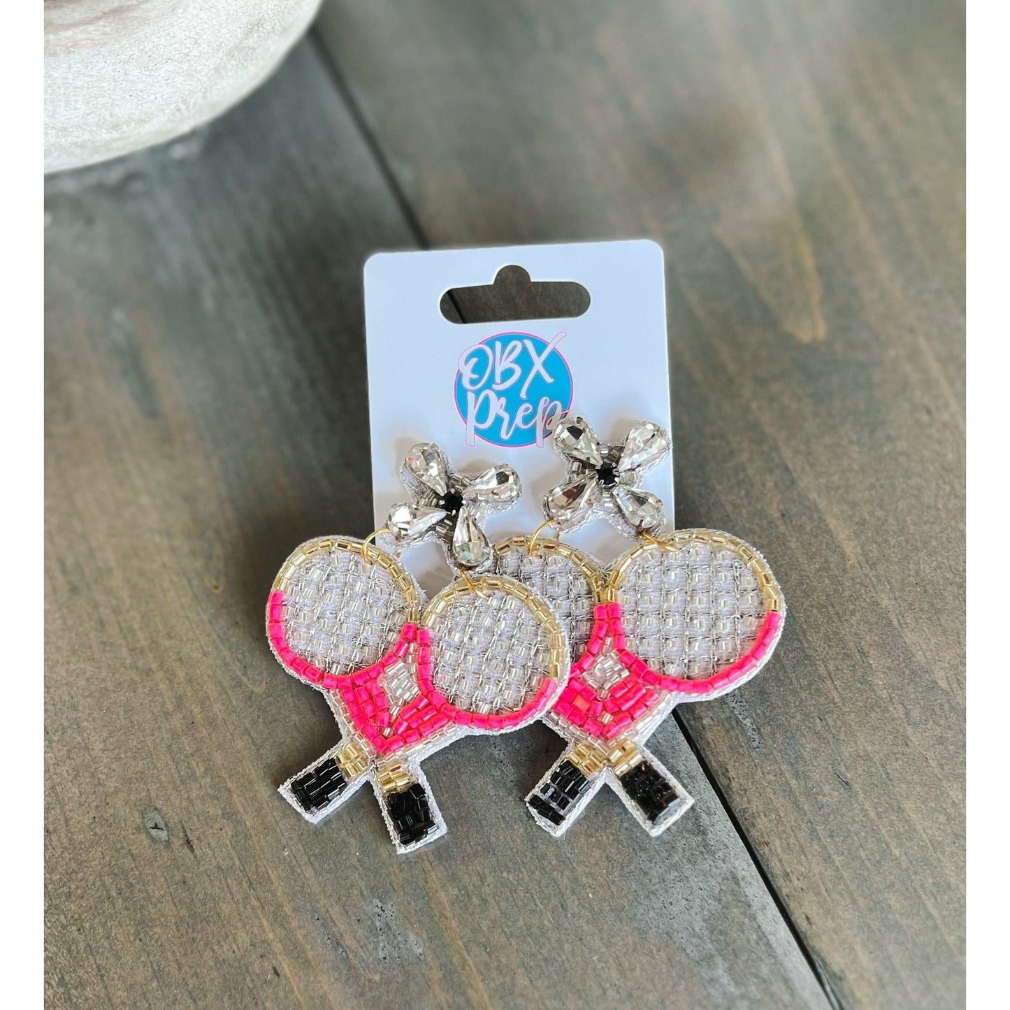 Pink Tennis Racquets Seed Beaded Drop Earrings - OBX Prep