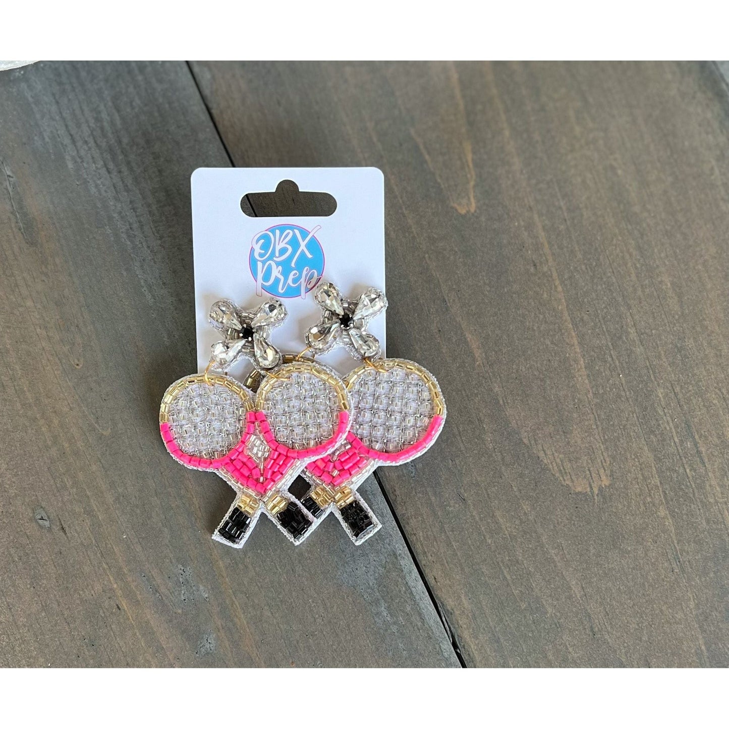 Pink Tennis Racquets Seed Beaded Drop Earrings - OBX Prep