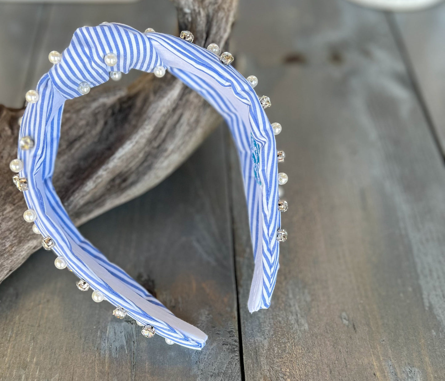 Sydney Striped Blue White Spring Pearl Rhinestone Headband. Restocking