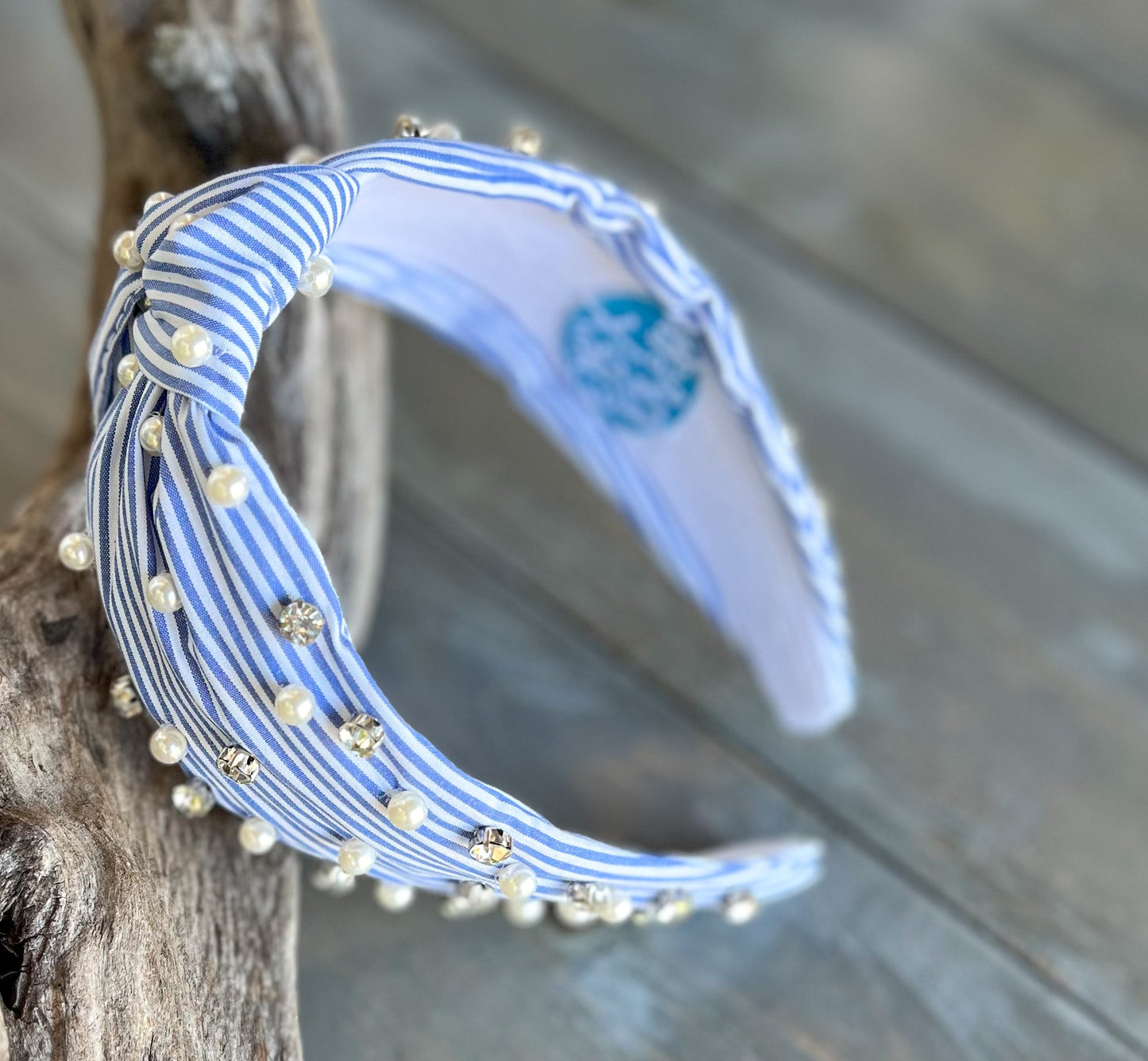 Sydney Striped Blue White Spring Pearl Rhinestone Headband. Restocking