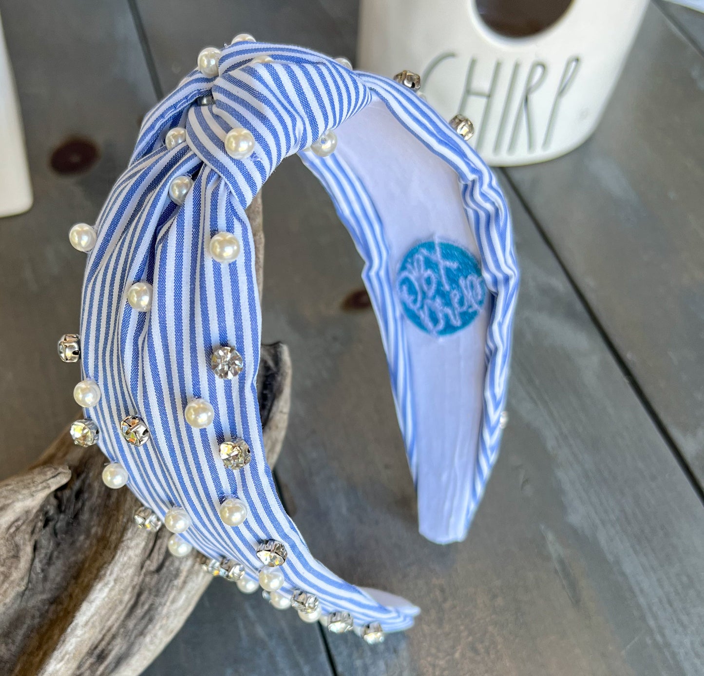 Sydney Striped Blue White Spring Pearl Rhinestone Headband. Restocking