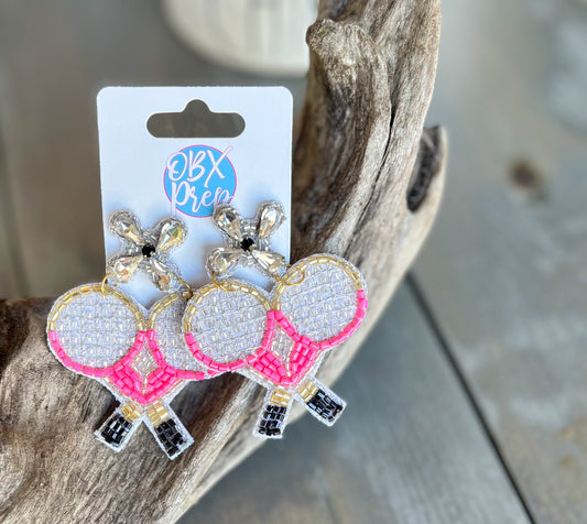 Pink Tennis Racquets Seed Beaded Drop Earrings.