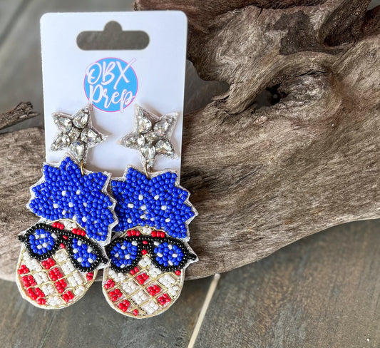 Patriotic Pineapple in Sunglasses Seed Bead Dangle Earrings.