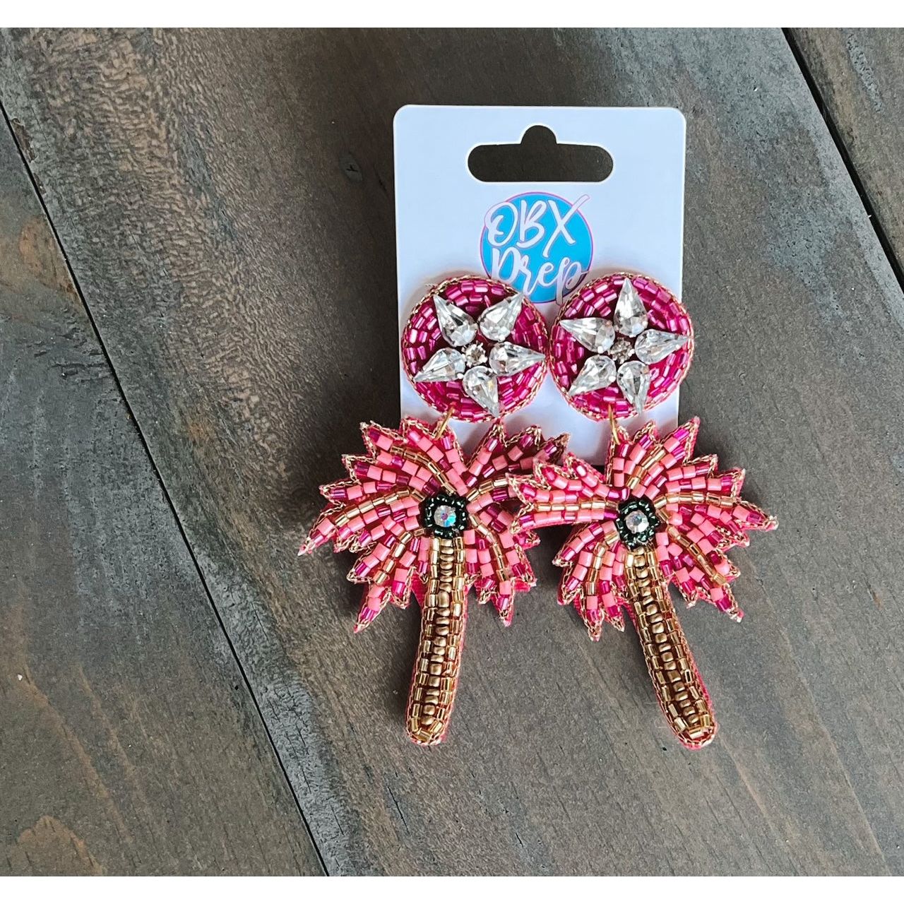 Pink Palm Tree Seed Beaded Dangle Earrings - OBX Prep