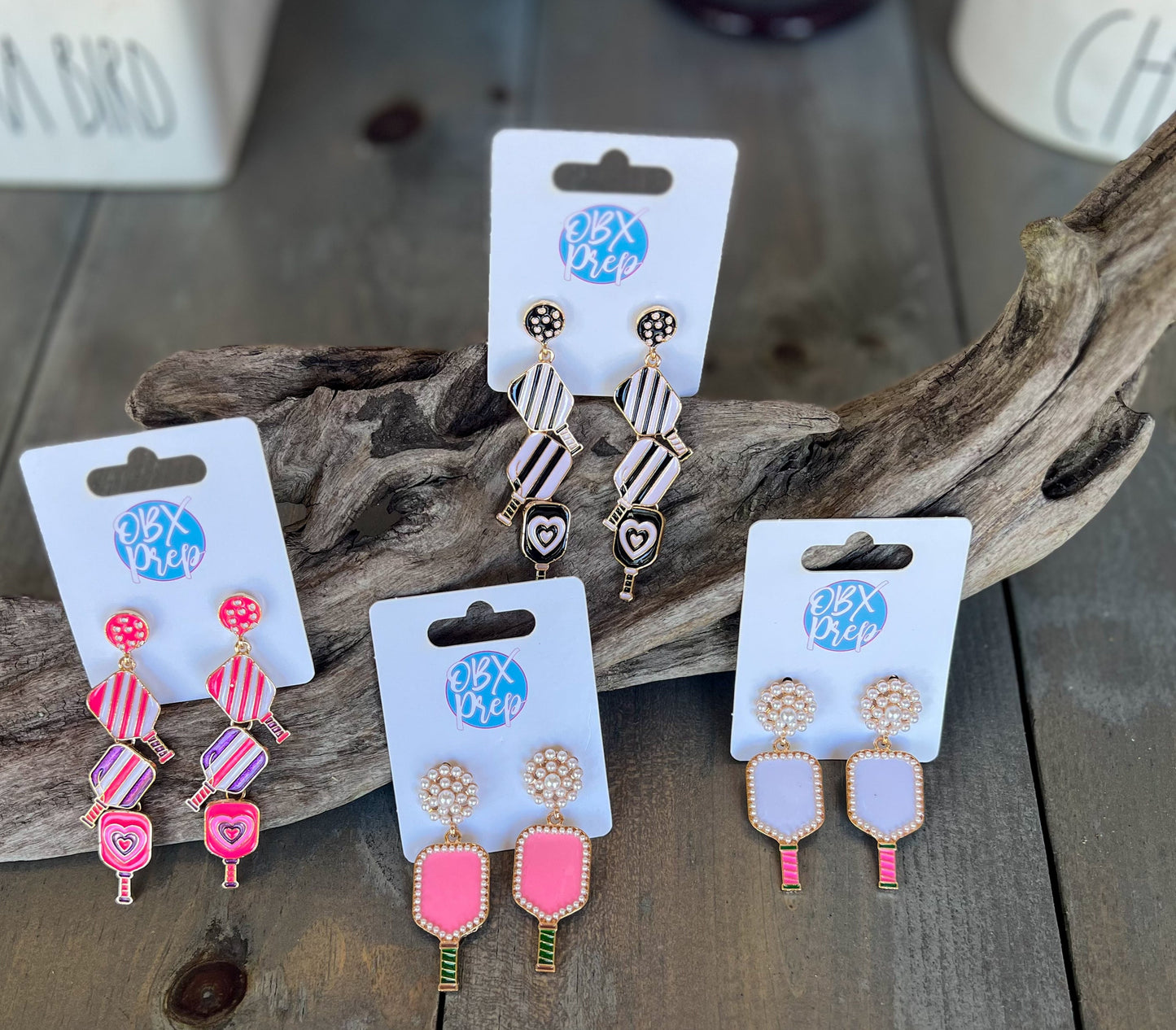 Jenny Pickleball Paddle and Ball Triple Linked Enamel Dangle Earrings.