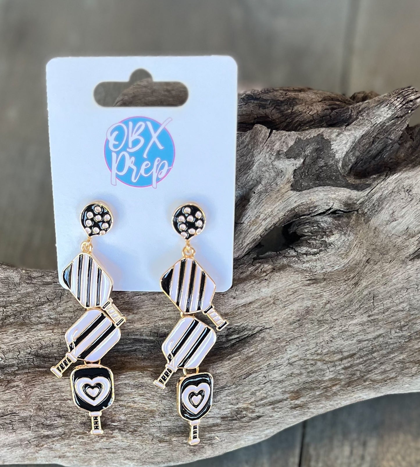 Jenny Pickleball Paddle and Ball Triple Linked Enamel Dangle Earrings.