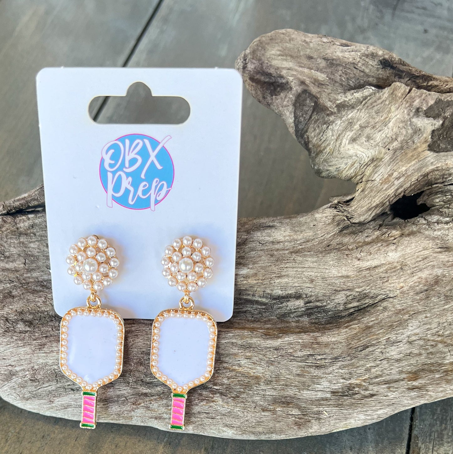 Jenny Pickleball Enamel and Pearl Dangle Earrings.