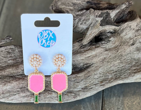 Jenny Pickleball Enamel and Pearl Dangle Earrings.