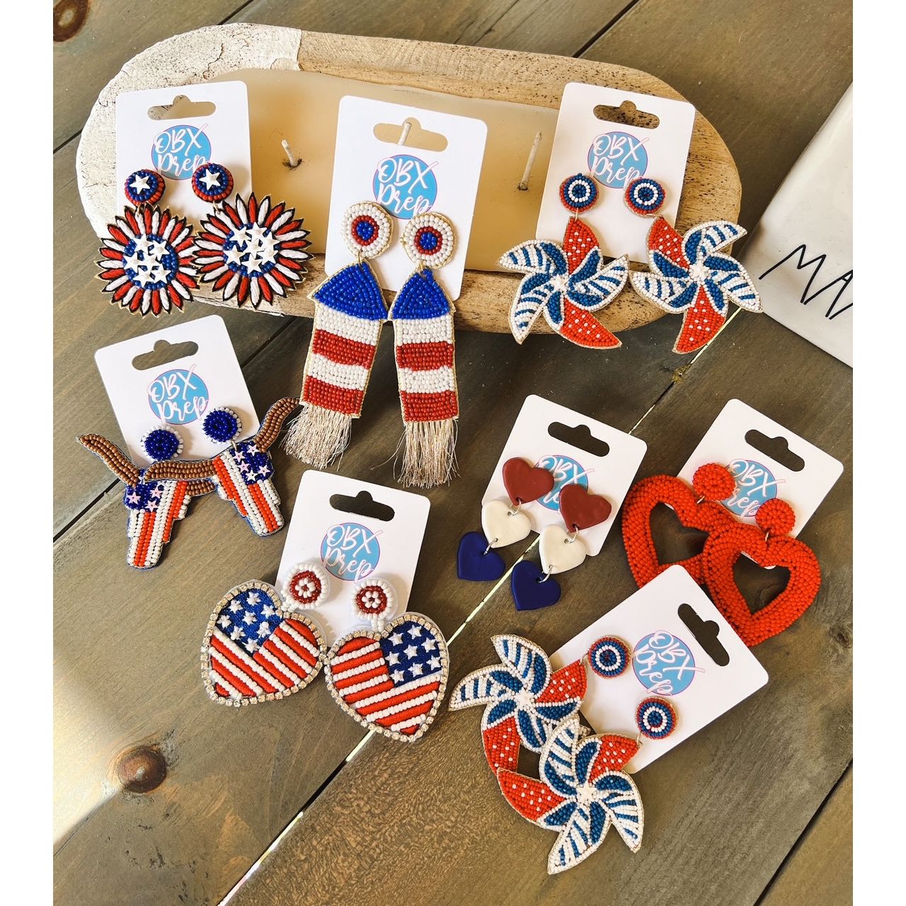 American Red White Blue Polymer Clay Heart Earrings - OBX Prep