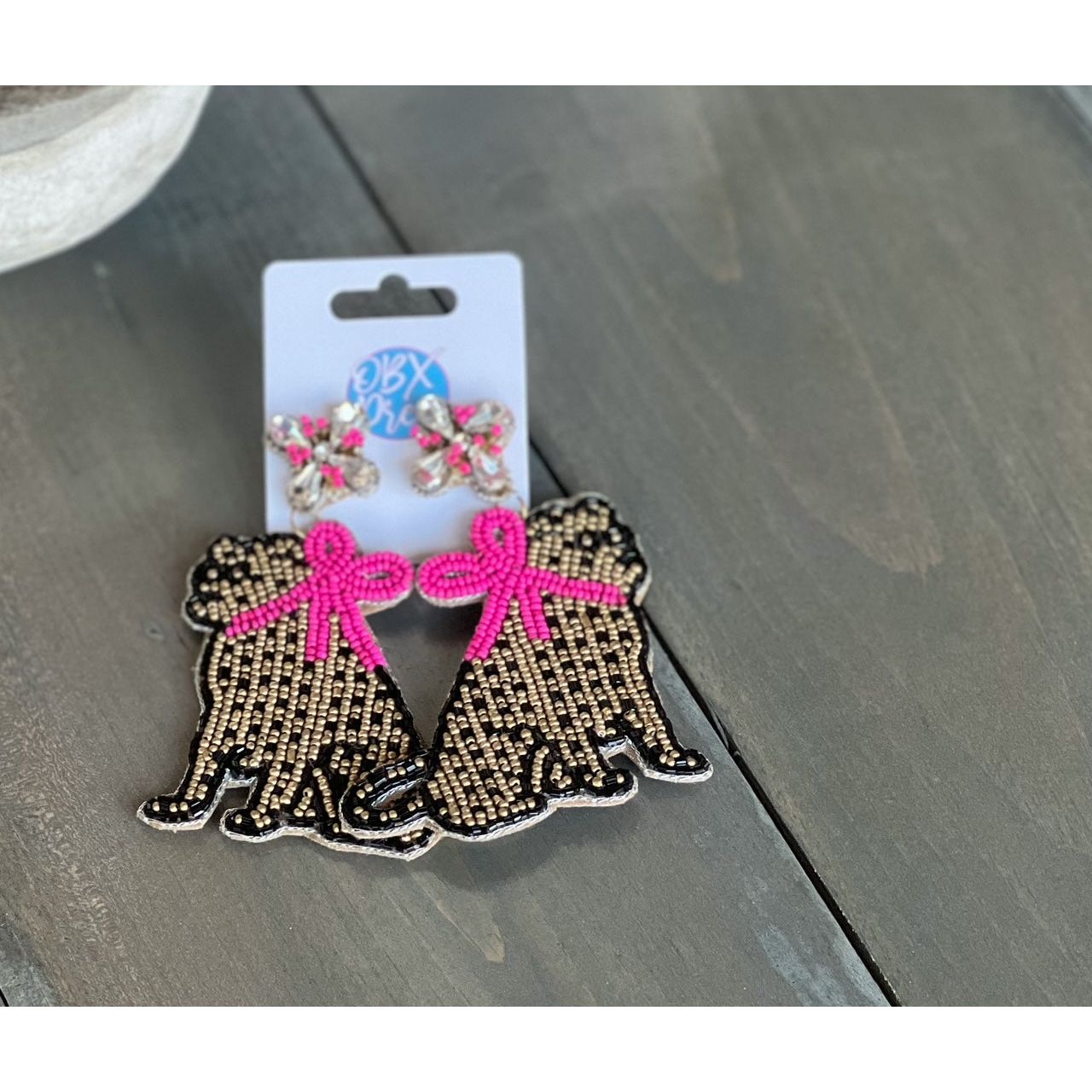 Jaguar with Pink Bow Exclusive Preppy Dangle Earrings - OBX Prep