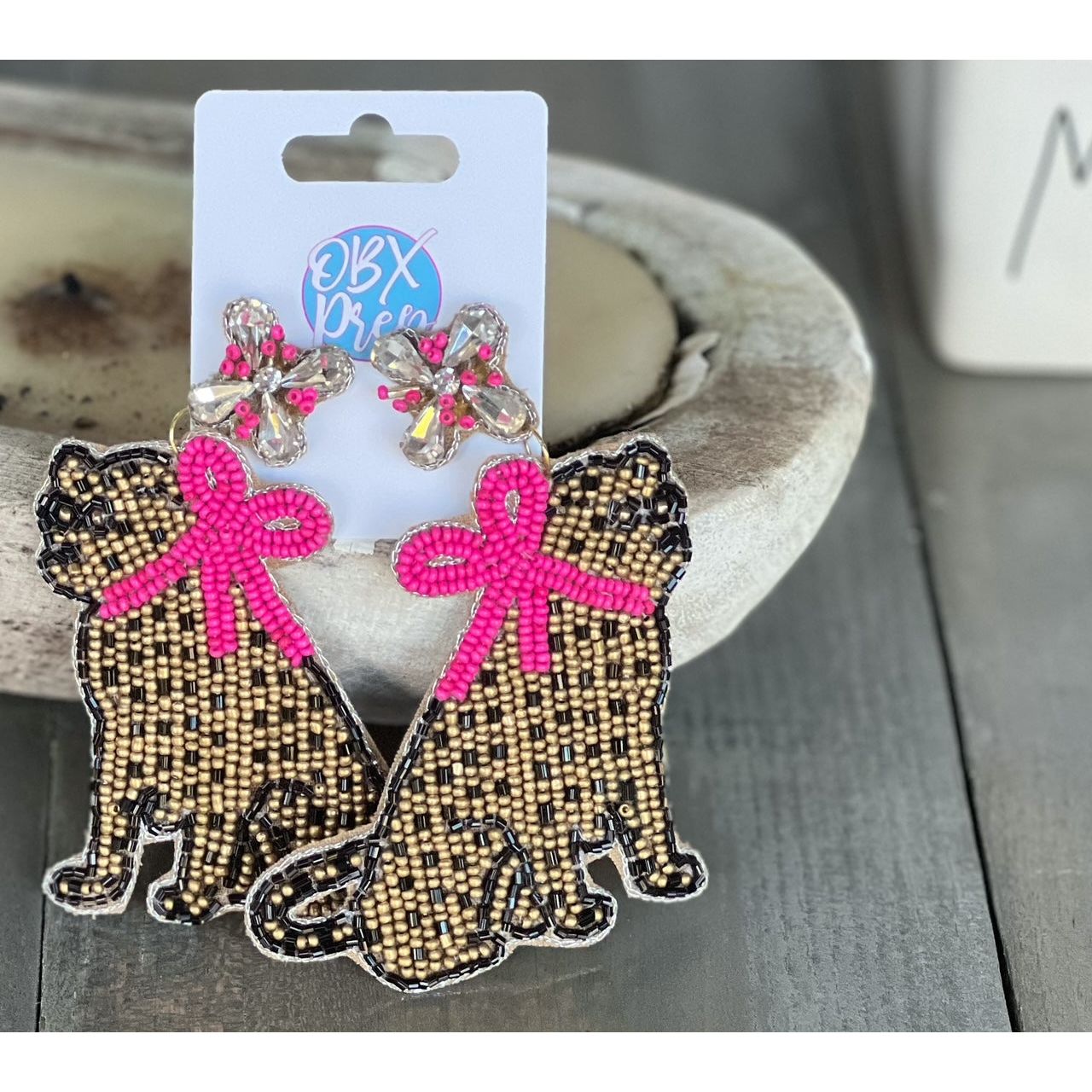 Jaguar with Pink Bow Exclusive Preppy Dangle Earrings - OBX Prep