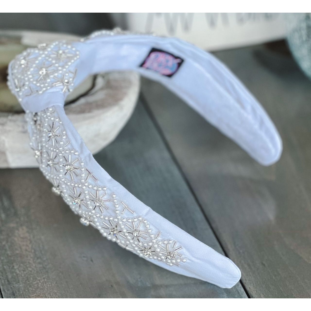 Pearl and Rhinestone Seed Beaded Top Knot Headband - OBX Prep