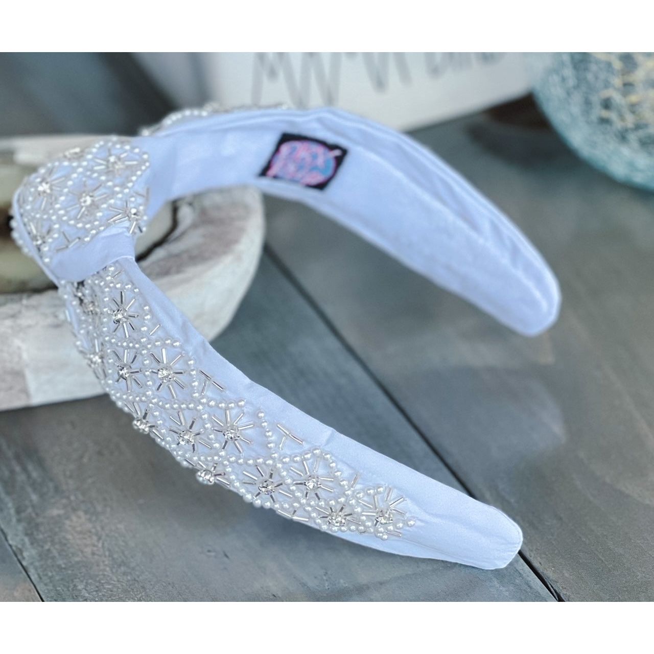 Pearl and Rhinestone Seed Beaded Top Knot Headband - OBX Prep