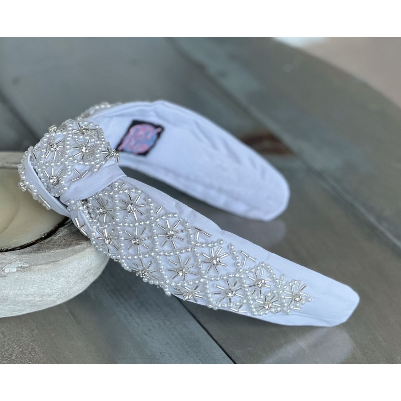 Pearl and Rhinestone Seed Beaded Top Knot Headband - OBX Prep