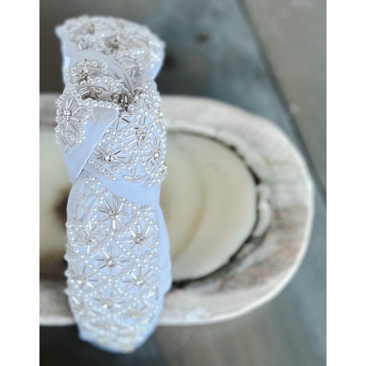 Pearl and Rhinestone Seed Beaded Top Knot Headband - OBX Prep