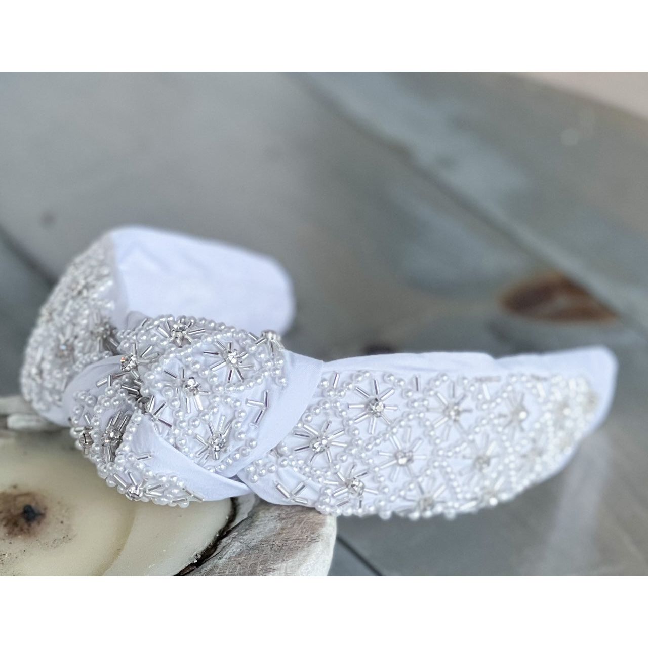 Pearl and Rhinestone Seed Beaded Top Knot Headband - OBX Prep