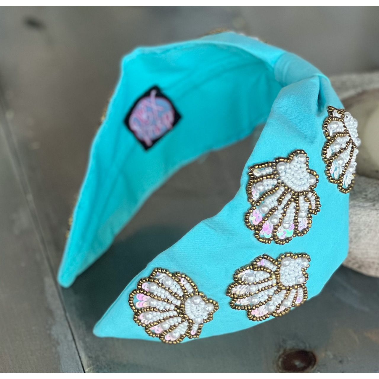 Seashell Seed Beaded Turquoise Top Knot Headband - OBX Prep