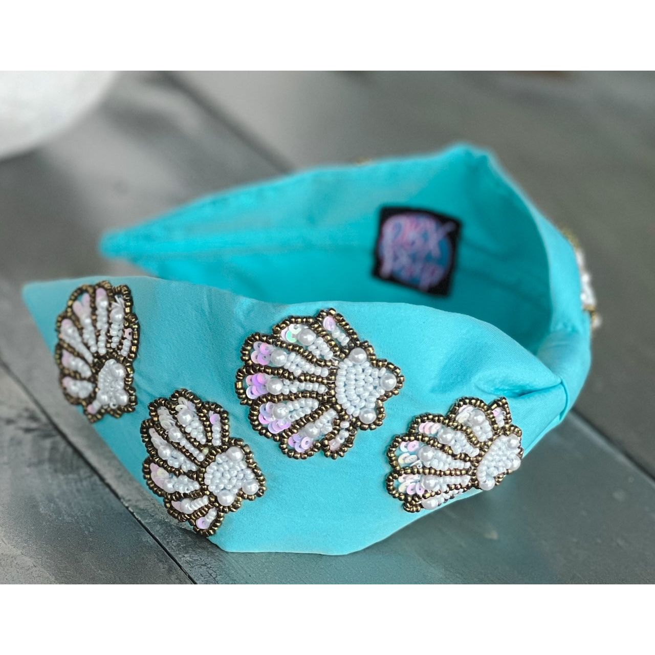 Seashell Seed Beaded Turquoise Top Knot Headband - OBX Prep