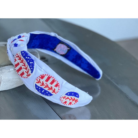 Patriotic Baseball Seed Beaded Top Knot Headband - OBX Prep