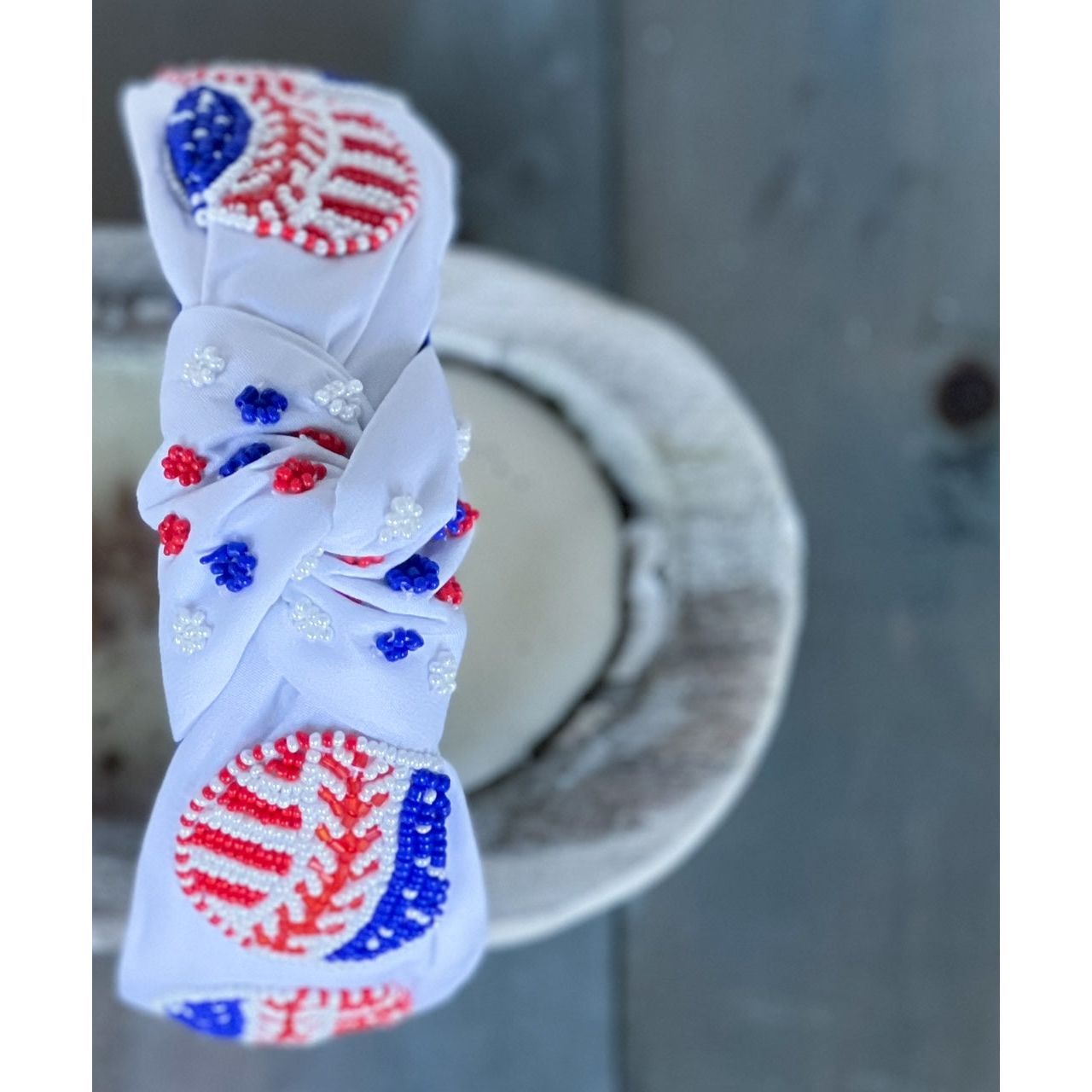 Patriotic Baseball Seed Beaded Top Knot Headband - OBX Prep