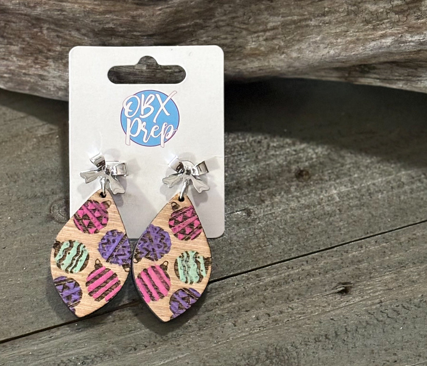 Pastel Painted Ornament Earrings – Hand-Painted Wood with Silver Bow Stud (Dangle Style).