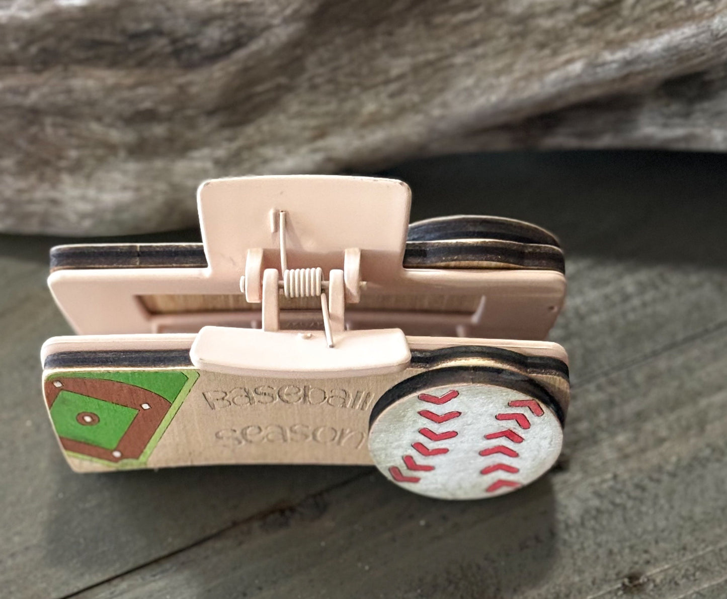 Baseball Season Hand Painted Wood Hair Claw Clip.