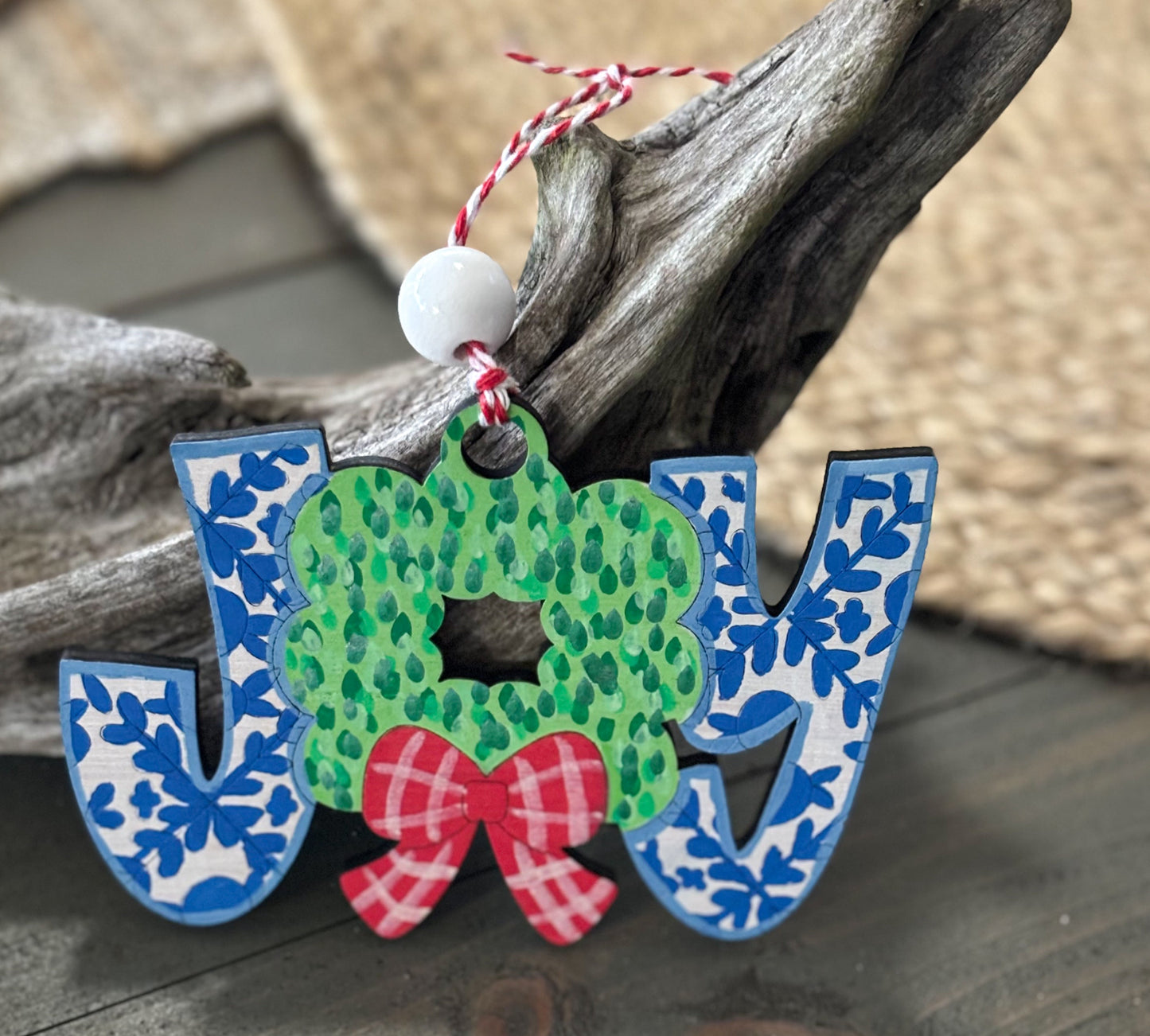 Joy Chinoiserie Christmas Ornament – Hand-Painted Wooden Design.