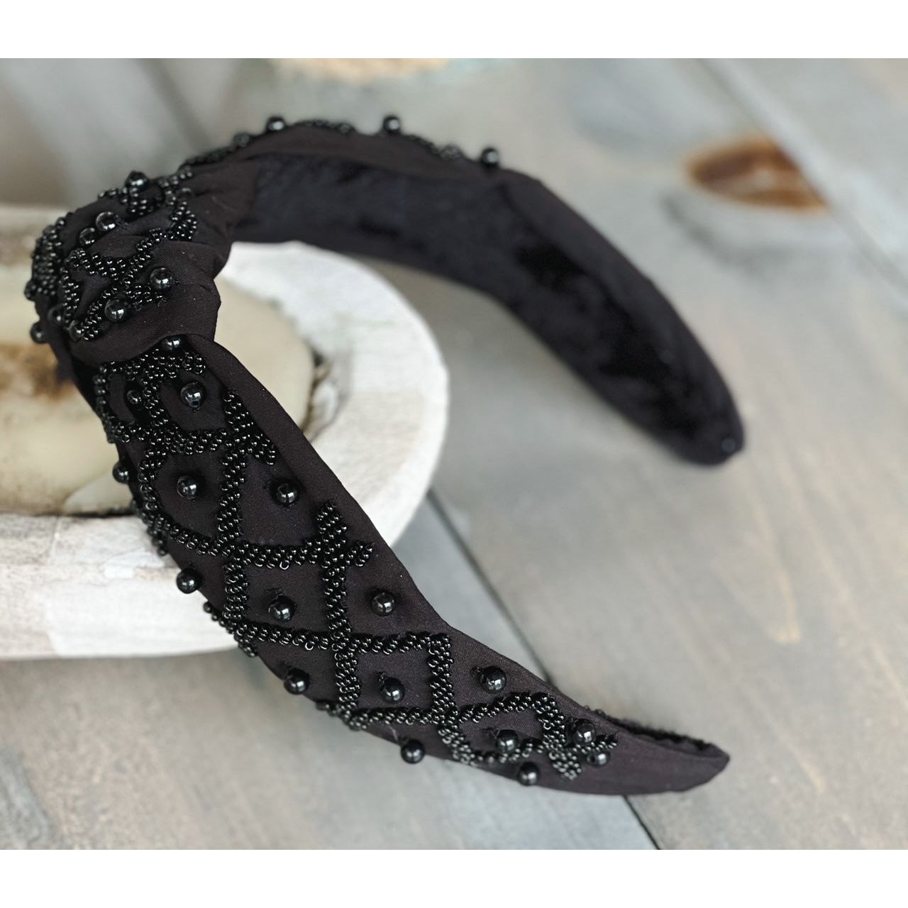 Monochrome Black Seed Bead Front Knot Headband-Restocking - OBX Prep