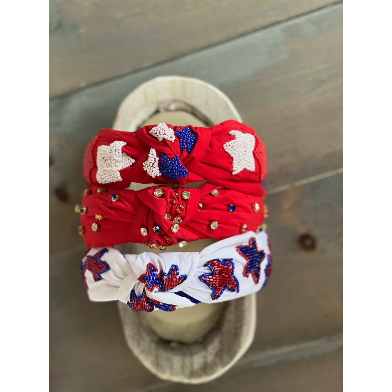 Patriotic Red, White, and Blue Jeweled Top Knot Red Headband 4th of July - OBX Prep