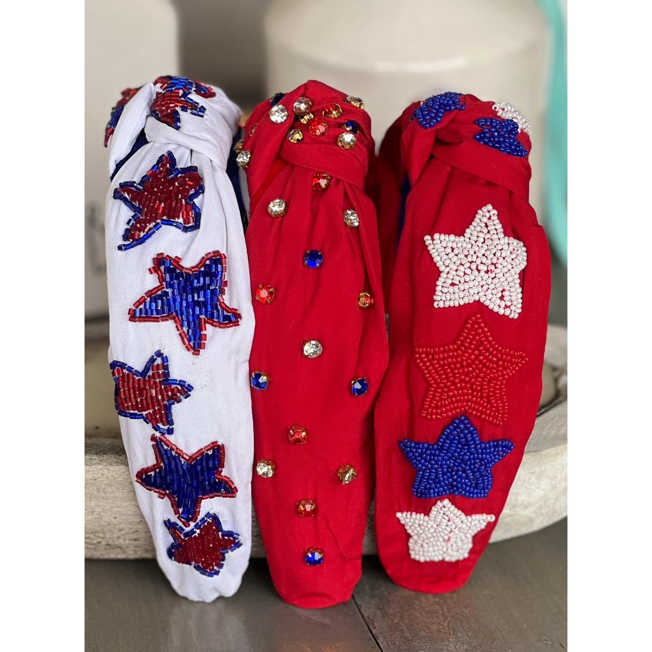 Patriotic Red, White, and Blue Jeweled Top Knot Red Headband 4th of July - OBX Prep