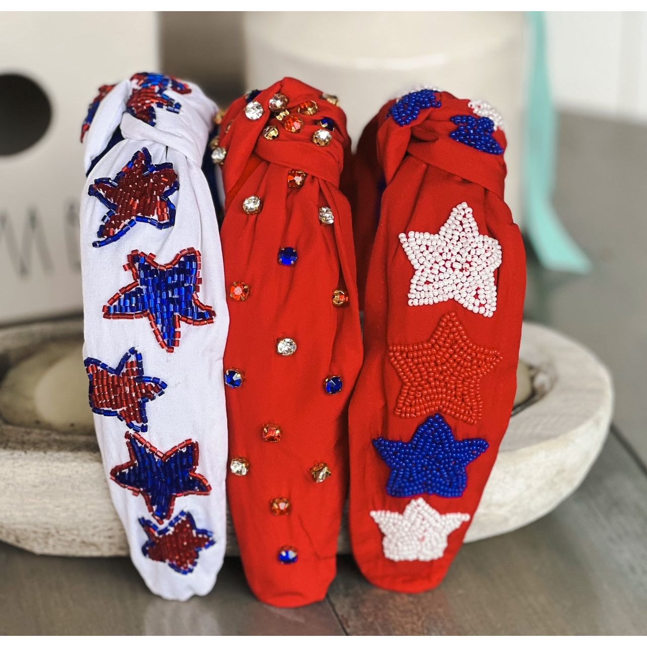 Patriotic Red, White, and Blue Jeweled Top Knot Red Headband 4th of July - OBX Prep