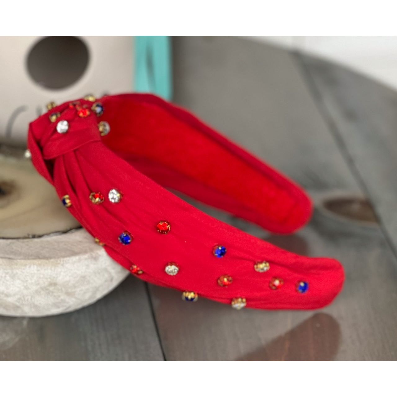 Patriotic Red, White, and Blue Jeweled Top Knot Red Headband 4th of July - OBX Prep