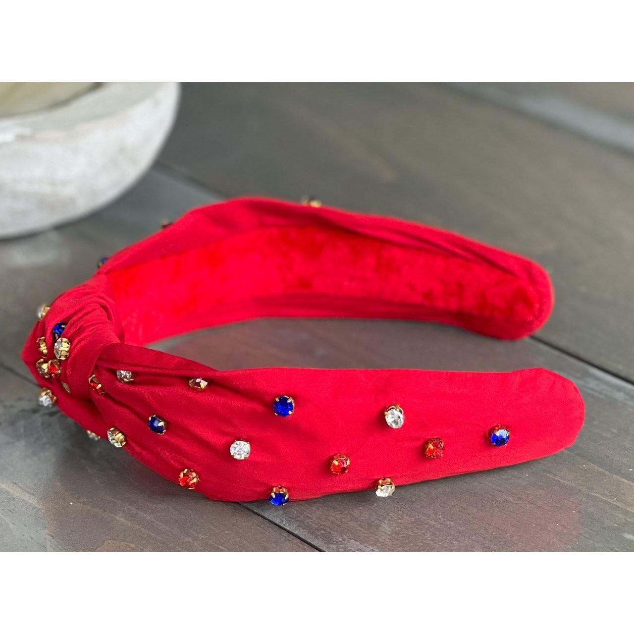 Patriotic Red, White, and Blue Jeweled Top Knot Red Headband 4th of July - OBX Prep