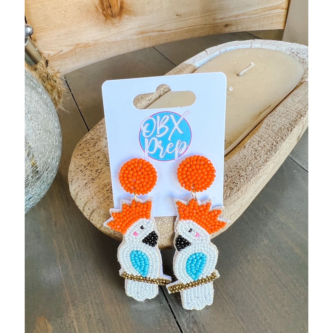 Tropical Bird Cockatoo Seed Beaded Dangle Earrings - OBX Prep