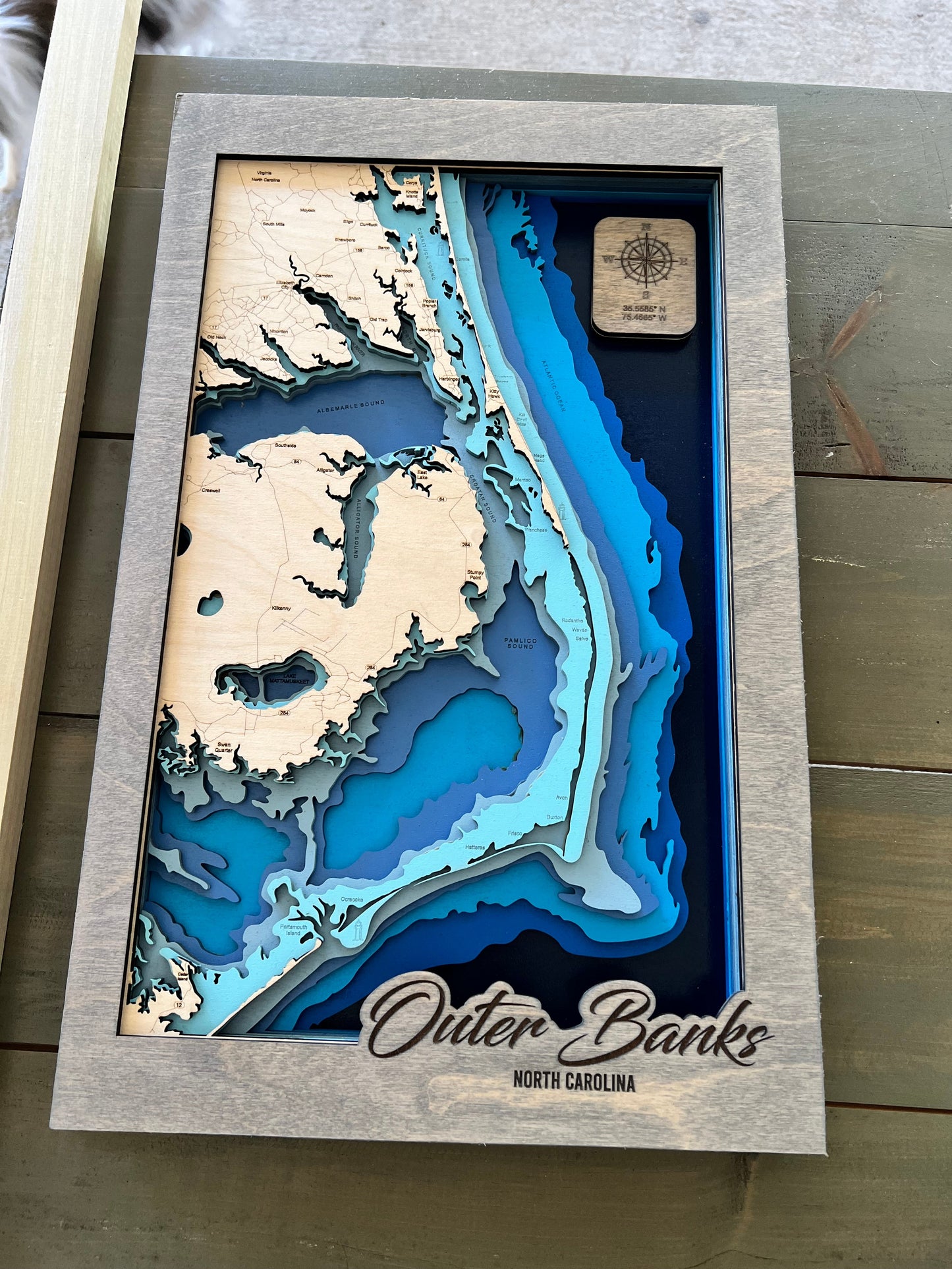 OBX Bathymetric Wood Map, Outer Banks Topographical Wood Wall Map and Home Decor.