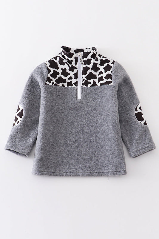 Gray cow print fleece boy top