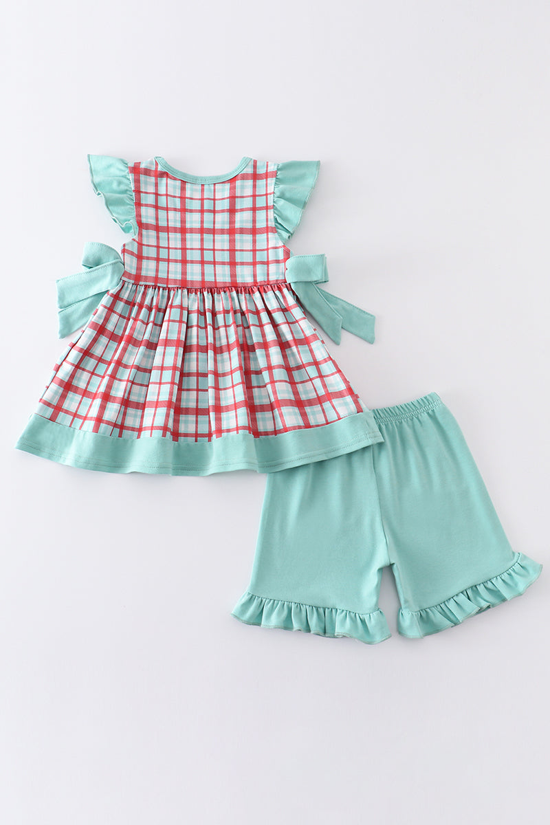 Mint plaid farm embroidery smocked girl set