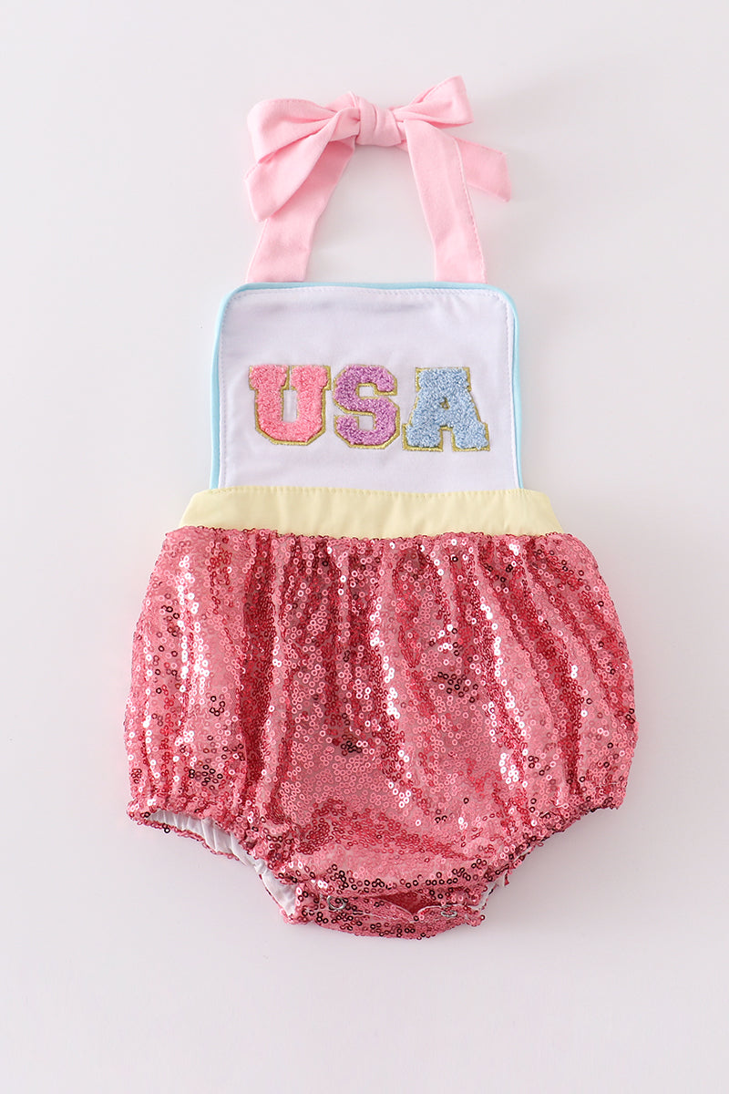 Pink sequin USA french knot girl bubble