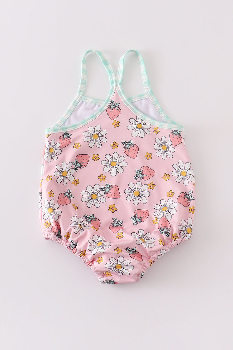 Pink floral strawberry print one-piece girl swimsuit