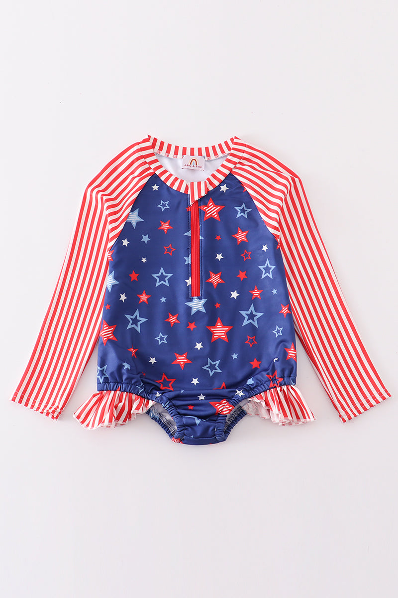 Navy Patriotic star print rashguard girl swimsuit